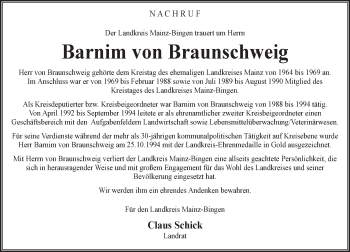 Traueranzeige von Barnim von Braunschweig von  Allgemeine Zeitung Mainz