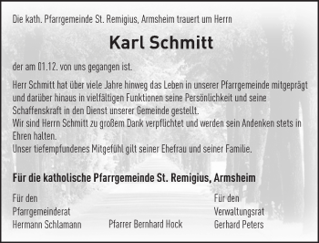 Traueranzeige von Karl Schmitt von  Allgemeine Zeitung Alzey