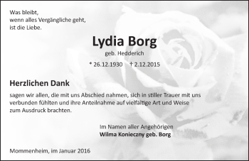 Traueranzeige von Lydia Borg von  Allgemeine Zeitung Mainz