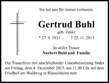 Traueranzeige von Gertrud Buhl von  Mainspitze