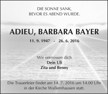 Traueranzeige von Barbara Bayer von  Kreisanzeiger