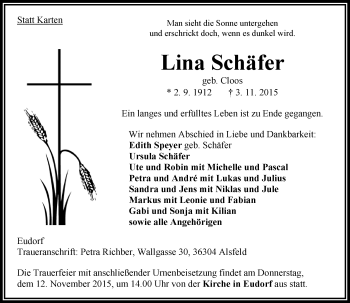 Traueranzeige von Lina Schäfer von VRM Trauer