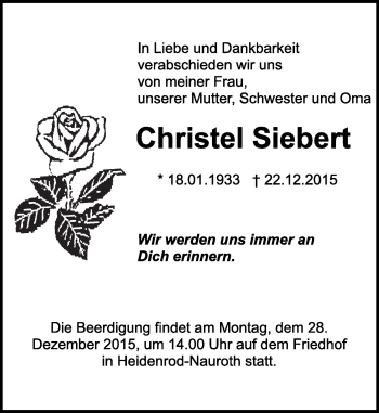 Traueranzeige von Christel Siebert von  WK-UTA/Aar-Bote