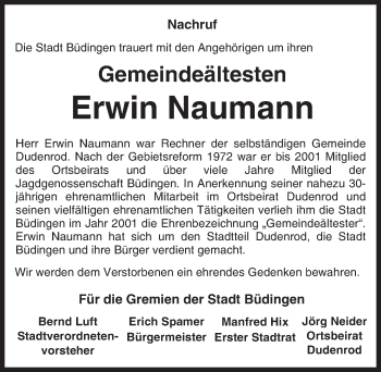 Traueranzeige von Erwin Naumann von  Kreisanzeiger