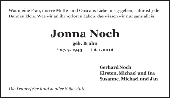 Traueranzeige von Jonna Noch von  Landskrone