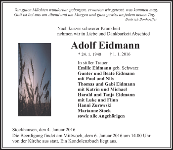 Traueranzeige von Adolf Eidmann von VRM Trauer