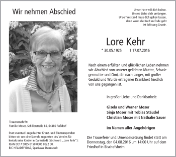 Traueranzeige von Lore Kehr von Trauerportal Rhein Main Presse