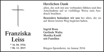 Traueranzeige von Franziska Leiss von  Allgemeine  Zeitung Ingelheim-Bingen