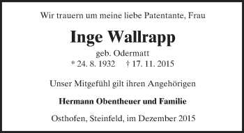 Traueranzeige von Inge Wallrapp von  Wormser Zeitung
