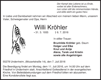 Traueranzeige von Willi Kröhler von Trauerportal Rhein Main Presse