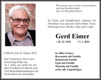 Traueranzeige von Gerd Eimer von  Kreisanzeiger