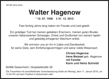 Traueranzeige von Walter Hagenow von  Wiesbaden komplett