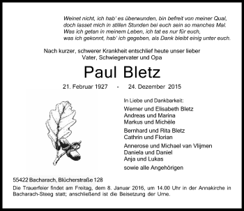 Traueranzeige von Paul Bletz von  Allgemeine  Zeitung Ingelheim-Bingen