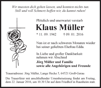 Traueranzeige von Klaus Müller von  Mainspitze