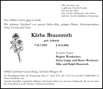 Traueranzeige von Käthe Braunroth von  Allgemeine Zeitung Mainz