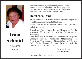 Traueranzeige von Irma Schmitt von  Gelnhäuser Tageblatt