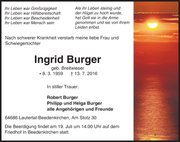 Traueranzeige von Ingrid Burger von Trauerportal Echo Online