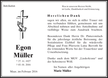 Traueranzeige von Egon Müller von  OK Oberhessen Kurier