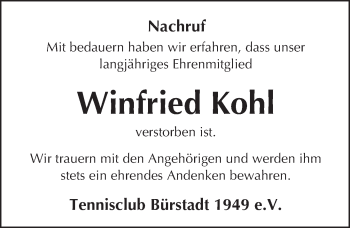 Traueranzeige von Winfried Kohl von  Bürstädter Zeitung