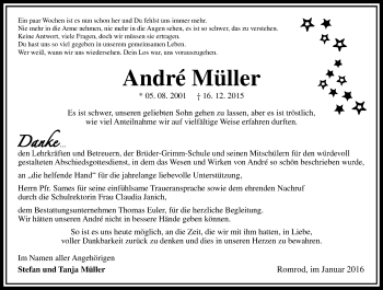 Traueranzeige von Andre Müller von  OK Oberhessen Kurier