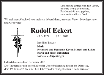 Traueranzeige von Rudolf Eckert von  Kreisanzeiger