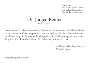 Traueranzeige von Jürgen Renfer von  Gießener Anzeiger