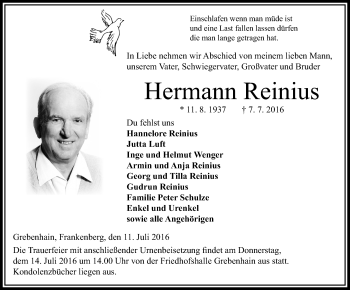 Traueranzeige von Hermann Reinius von VRM Trauer