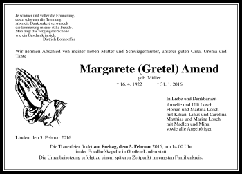 Traueranzeige von Margarete Amend von  Gießener Anzeiger