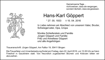 Traueranzeige von Hans-Karl Göppert von  Allgemeine  Zeitung Ingelheim-Bingen