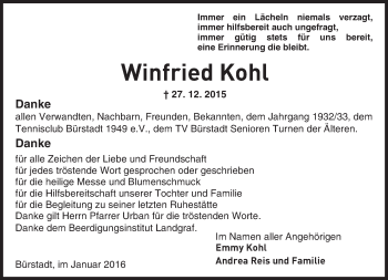 Traueranzeige von Winfried Kohl von  Bürstädter Zeitung