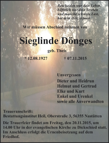 Traueranzeige von Sieglinde Dönges von  WK-UTA/Aar-Bote