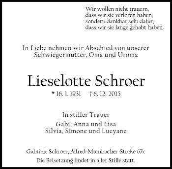 Traueranzeige von Lieselotte Schroer von  Allgemeine Zeitung Mainz
