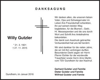Traueranzeige von Willy Gutzler von  Allgemeine Zeitung Alzey