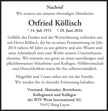 Traueranzeige von Otfried Köllisch von Trauerportal Rhein Main Presse