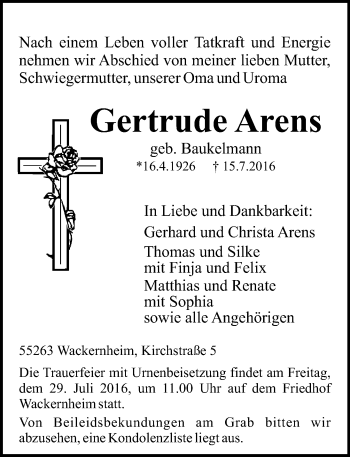 Traueranzeige von Gertrude Arens von Trauerportal Rhein Main Presse