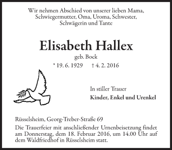 Traueranzeige von Elisabeth Hallex von  Mainspitze