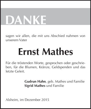 Traueranzeige von Ernst Mathes von  Landskrone