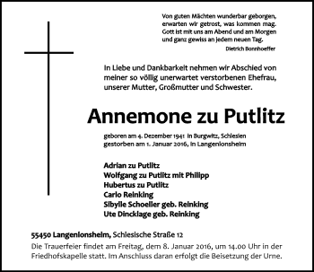 Traueranzeige von Annemone zu Putlitz von  Allg. Zeitung Bad Kreuznach