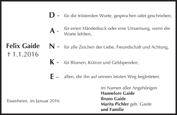 Traueranzeige von Felix Gaide von  Allgemeine Zeitung Mainz