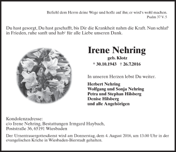 Traueranzeige von Irene Nehring von Trauerportal Rhein Main Presse