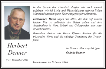 Traueranzeige von Herbert Denner von  Gelnhäuser Tageblatt