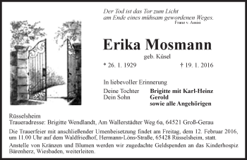 Traueranzeige von Erika Mosmann von  Mainspitze