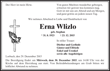 Traueranzeige von Erna Wlizlo von  Kreisanzeiger