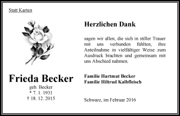 Traueranzeige von Frieda Becker von  OK Oberhessen Kurier
