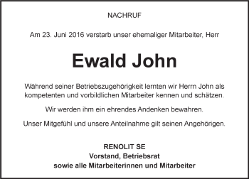 Traueranzeige von Ewald John von Trauerportal Rhein Main Presse