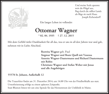Traueranzeige von Ottomar Wagner von  Allgemeine  Zeitung Ingelheim-Bingen