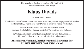 Traueranzeige von Klaus Davids von Trauerportal Rhein Main Presse