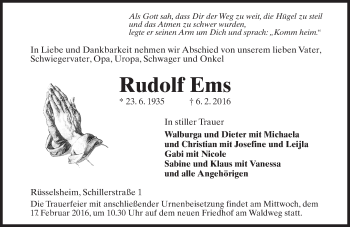 Traueranzeige von Rudolf Ems von  Mainspitze
