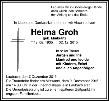 Traueranzeige von Helma Groh von  Gießener Anzeiger