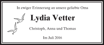 Traueranzeige von Lydia Vetter von  Usinger Anzeiger